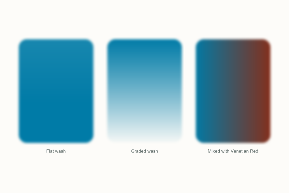 Cerulean blue watercolor swatches: a flat wash, a graded wash, and a mix with Venetian Red