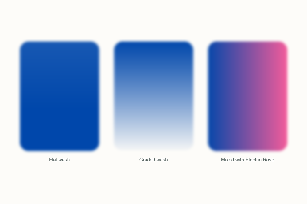 Cobalt blue watercolor swatches: a flat wash, a graded wash, and a mix with Electric Rose
