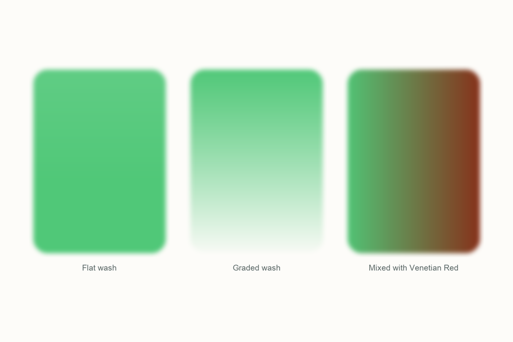 Emerald green watercolor swatches: a flat wash, a graded wash, and a mix with Venetian Red