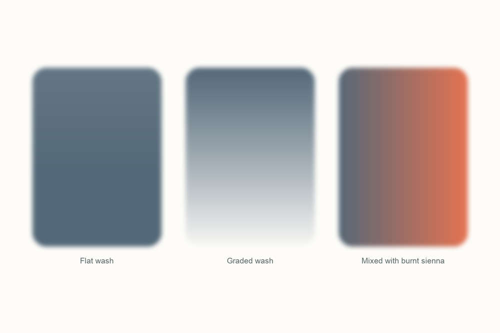 Payne's gray watercolor swatches: a flat wash, a graded wash, and a mix with burnt sienna