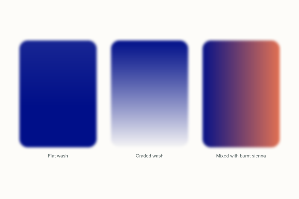 Phthalo blue watercolor swatches: a flat wash, a graded wash, and a mix with burnt sienna