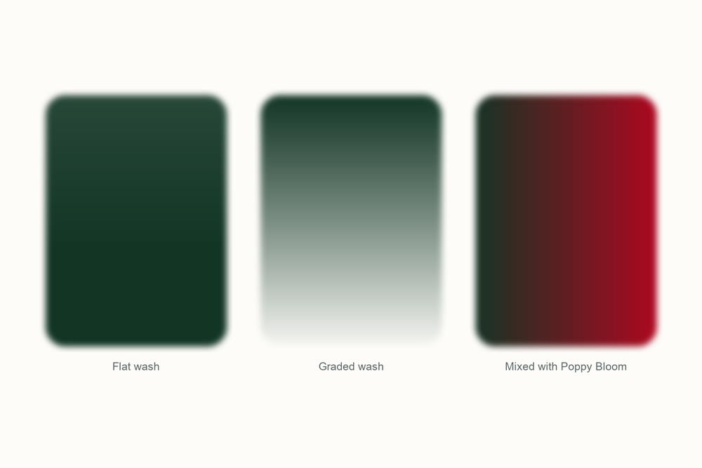 Phthalo green watercolor swatches: a flat wash, a graded wash, and a mix with Poppy Bloom