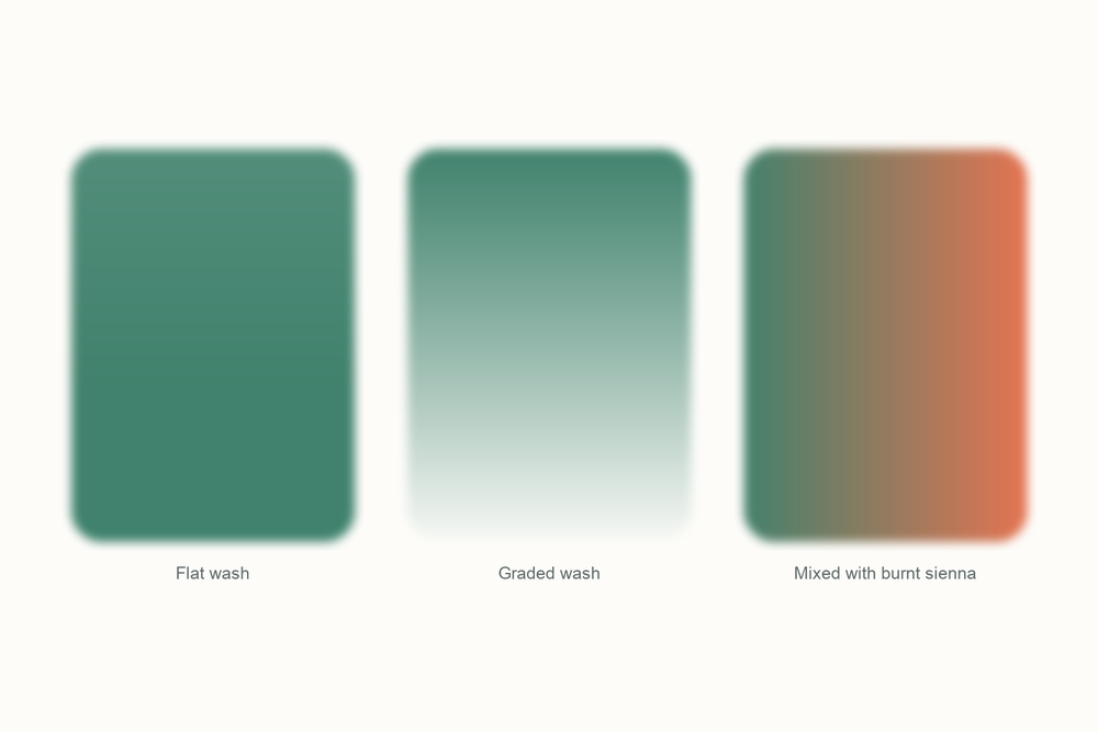 Viridian green watercolor swatches: a flat wash, a graded wash, and a mix with burnt sienna