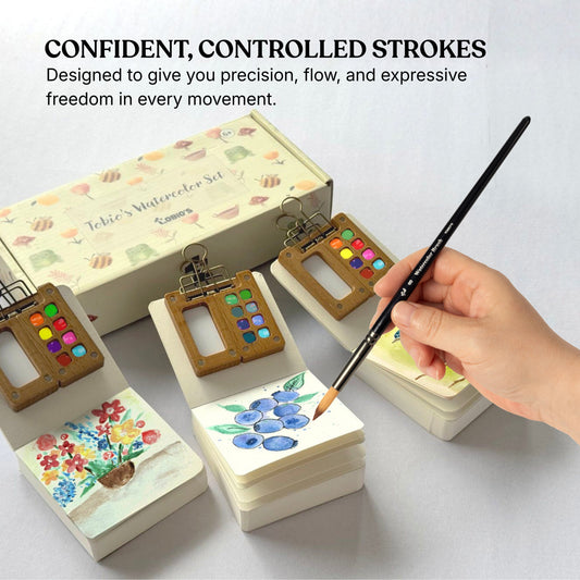 Person painting different floral pieces with Tobio’s Watercolor Kit