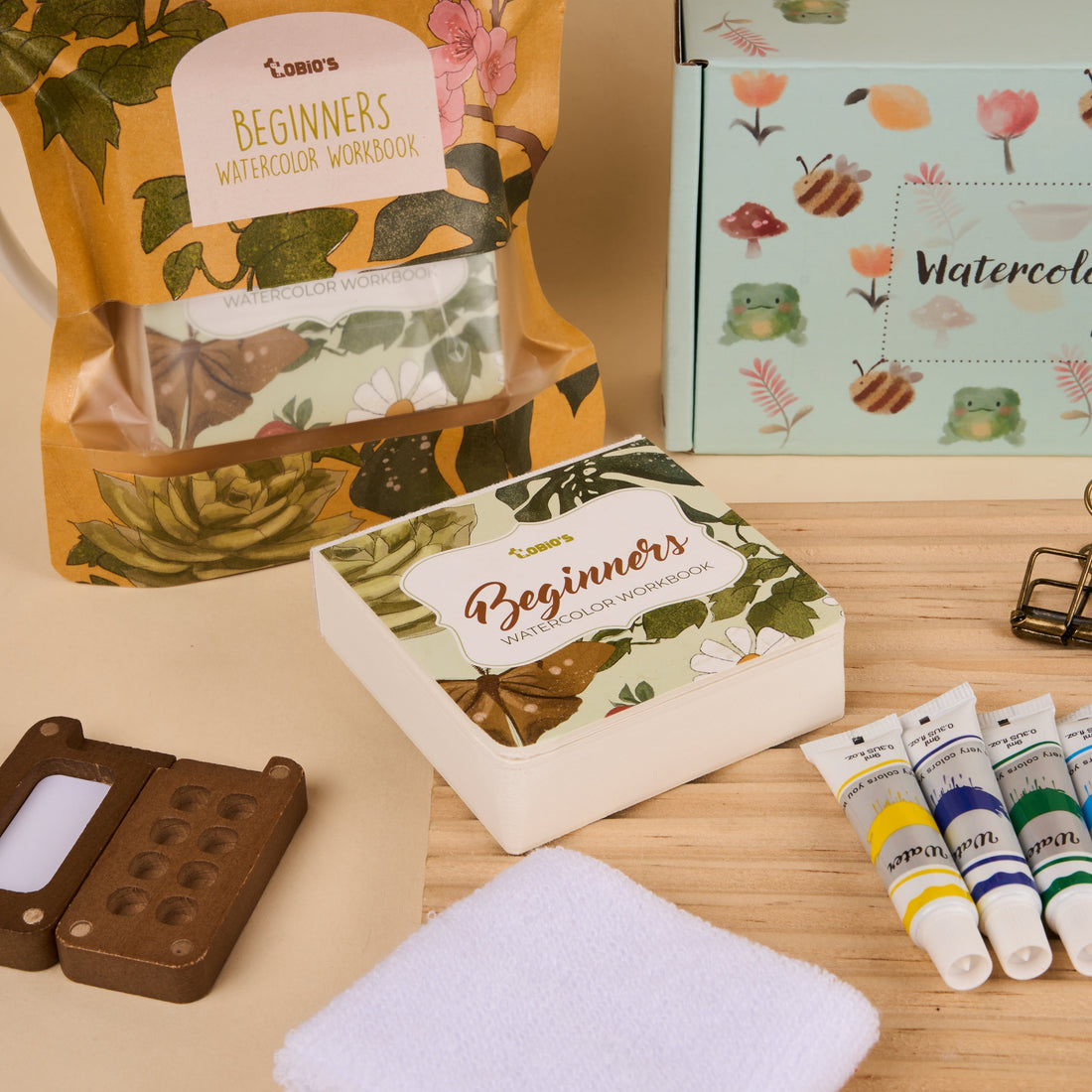 Tobio's Beginners Watercolor Workbook shown with its box.