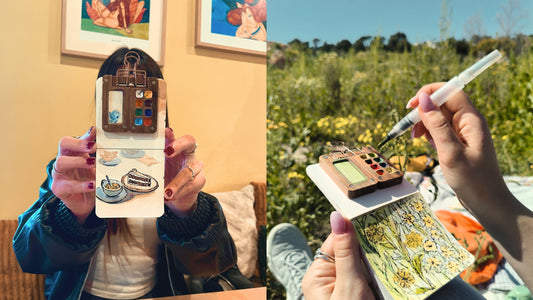 Mel, founder of Tobio's, painting in a flower field