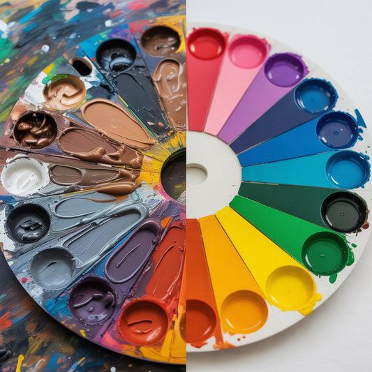 A watercolor palette with mixed colors and a color wheel