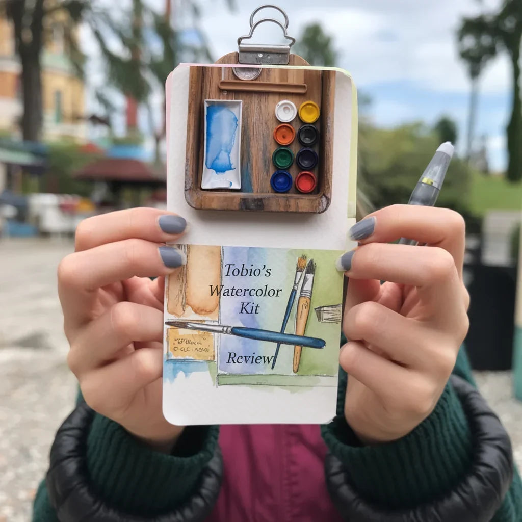 Person holding Tobio's Watercolor Kit with mini paint pots, water brush, and illustrated review card