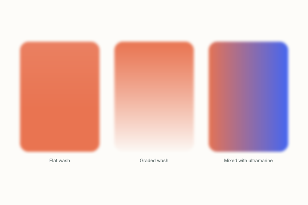 Burnt sienna watercolor swatches: a flat wash, a graded wash, and a mix with ultramarine