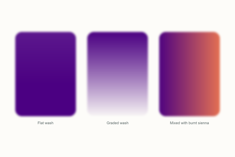 Indigo watercolor swatches: a flat wash, a graded wash, and a mix with burnt sienna