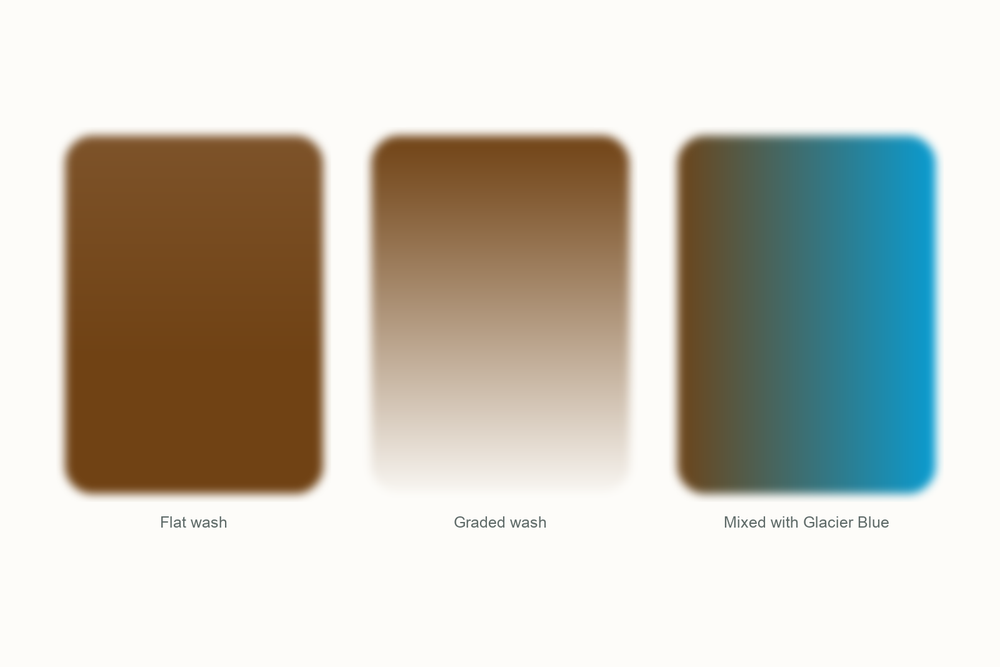 Sepia watercolor swatches: a flat wash, a graded wash, and a mix with Glacier Blue