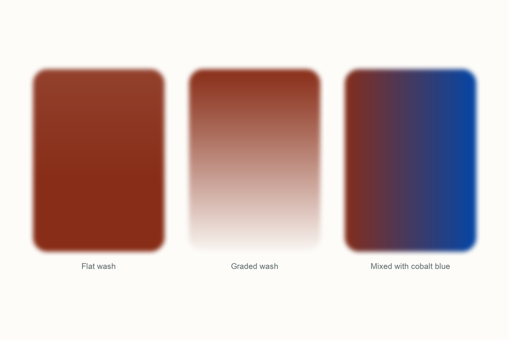 Sienna watercolor swatches: a flat wash, a graded wash, and a mix with cobalt blue