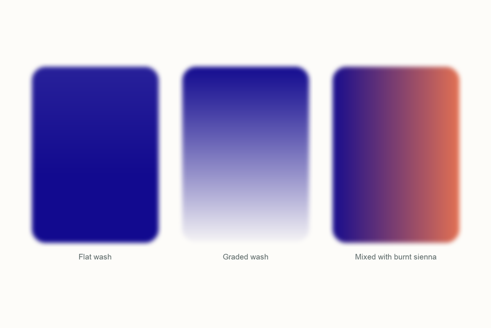 Ultramarine watercolor swatches: a flat wash, a graded wash, and a mix with burnt sienna