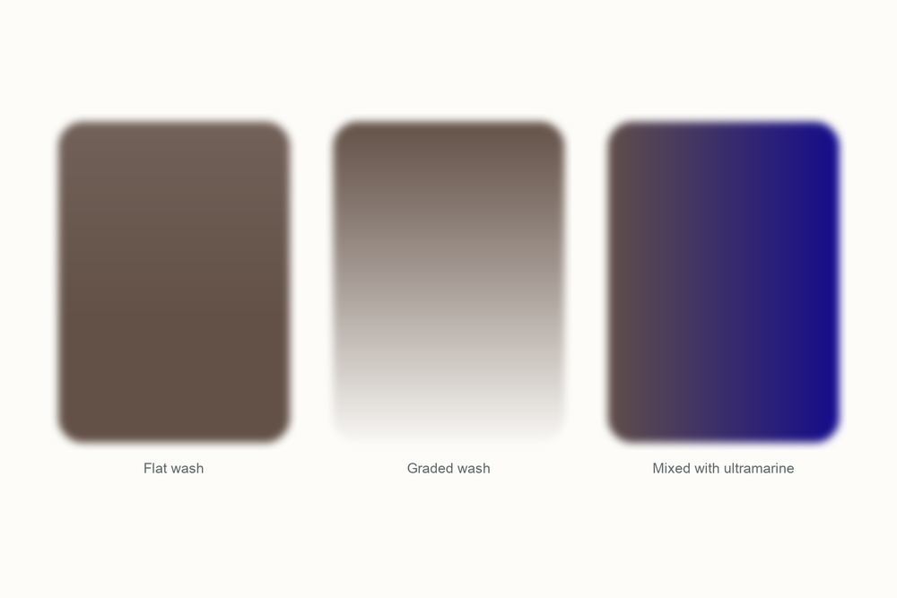 Umber watercolor swatches: a flat wash, a graded wash, and a mix with ultramarine