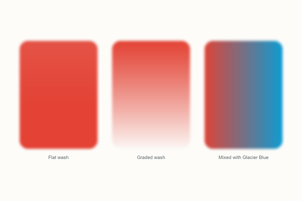 Vermilion watercolor swatches: a flat wash, a graded wash, and a mix with Glacier Blue