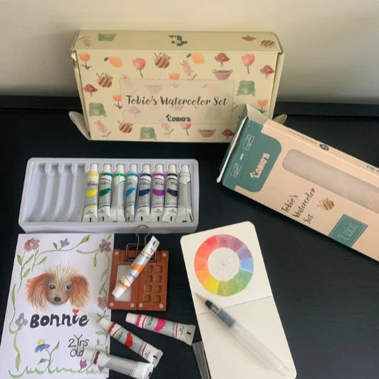 Collection of watercolor painting supplies including tubes, a color wheel, and a box on a dark surface.