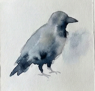 Watercolor painting of a crow on a light gray background
