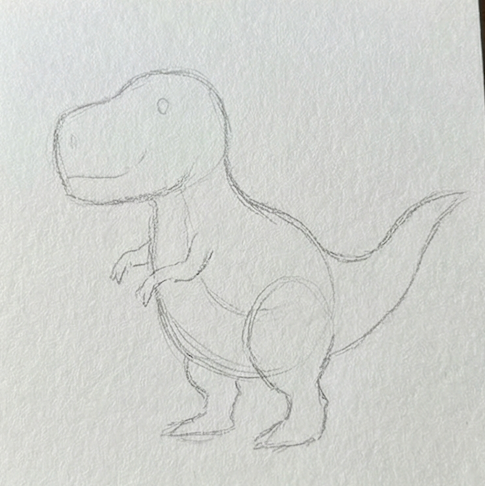 A simple pencil sketch outline of a cartoon dinosaur in an open sketchbook.