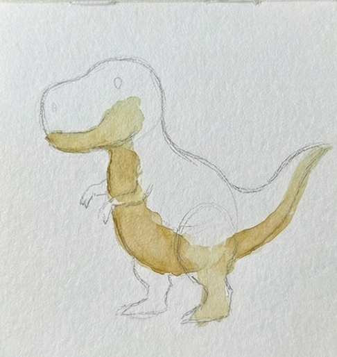 A dinosaur sketch with a yellow-brown watercolor wash applied to its belly and tail area.