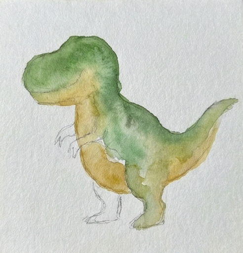 A green watercolor wash added to the dinosaurs head, back, and legs, blending into the existing yellow belly.