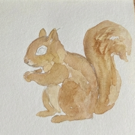 Half-done watercolor painting of a squirrel on a textured beige background