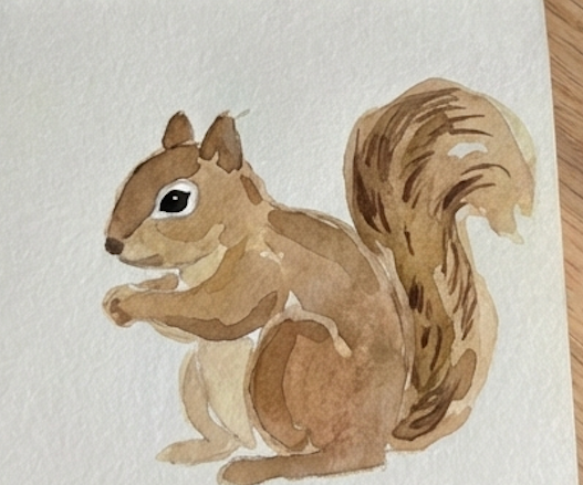 Watercolor painting of a squirrel on a textured white background