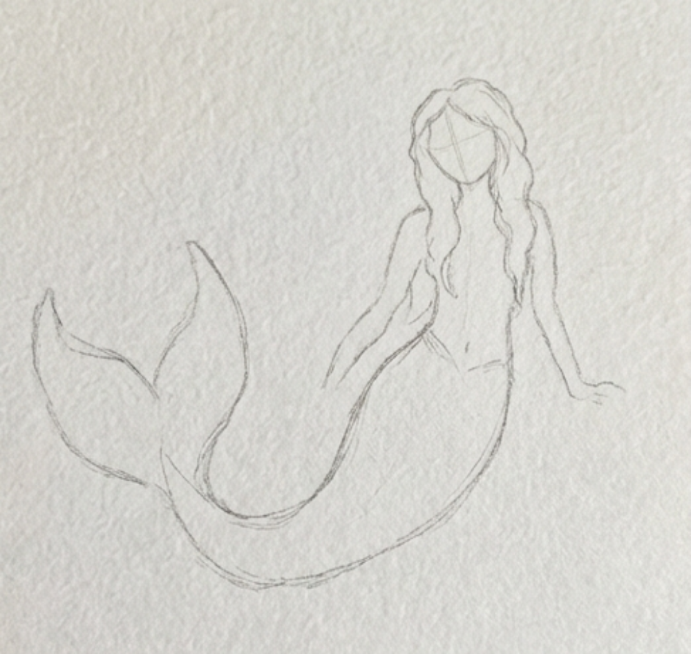 Outline drawing of a mermaid on textured paper
