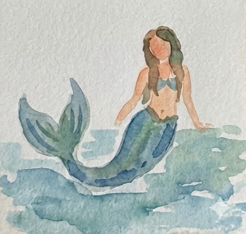 Watercolor illustration of a mermaid sitting on a rock with a light blue background