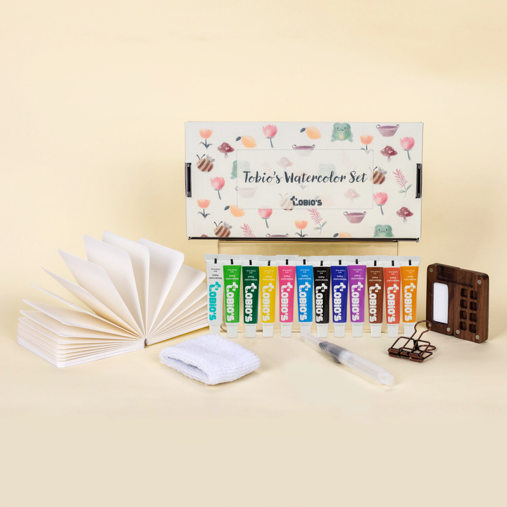 Tobio's complete watercolor set, full kit overview with paints, brushes, and palette