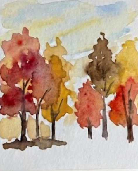 Adding dark brown watercolor brushstrokes to create tree trunks and branches, connecting the colorful foliage in the autumn watercolor painting.
