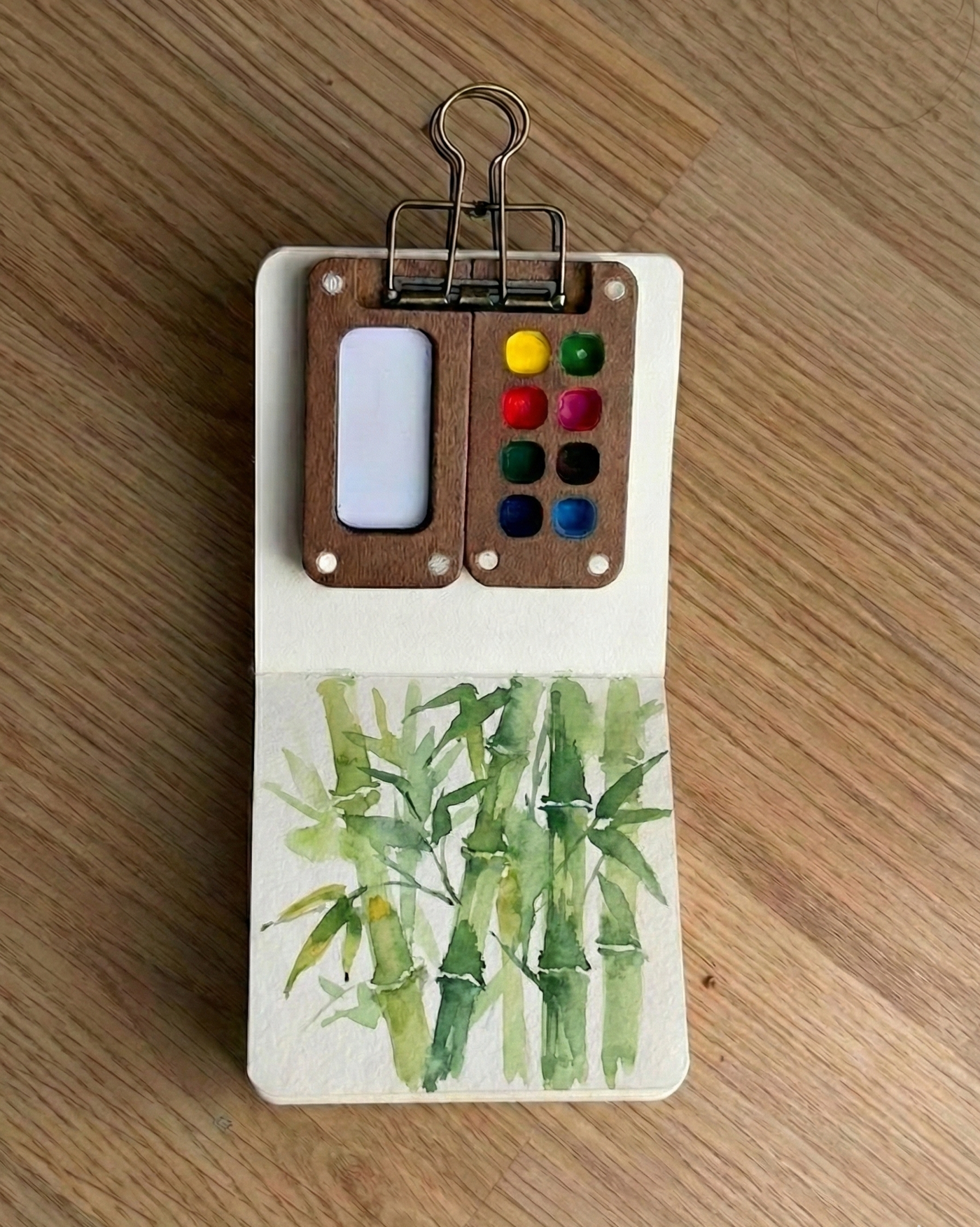 Tobio’s Kits bamboo watercolor painting, painted in a small watercolor sketchbook with soft washes and simple details.