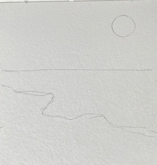 Outline of a landscape with a sun on a textured gray background