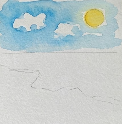 Watercolor painting of a blue sky with white clouds and a yellow sun on a textured white background.