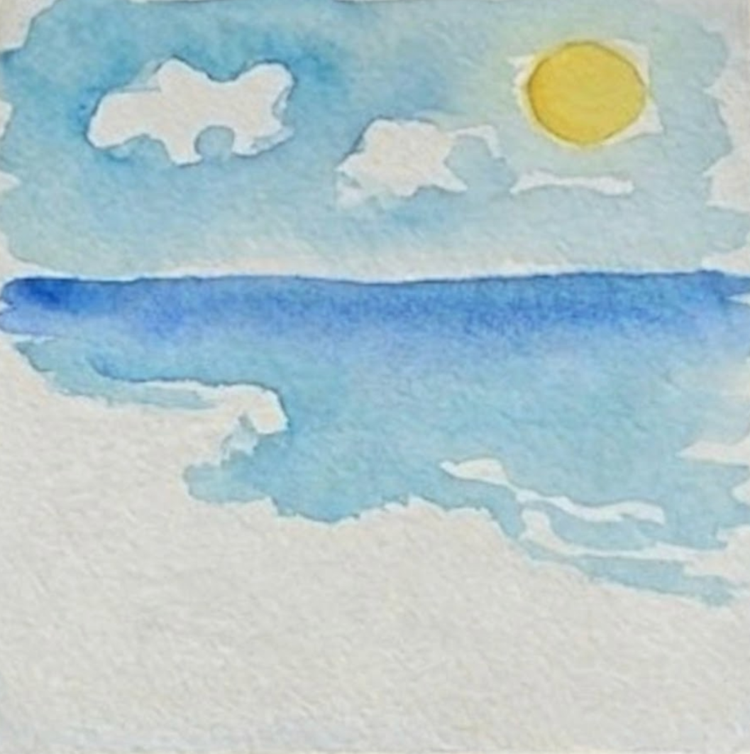 Watercolor painting of a blue sky with clouds and a yellow sun over a white surface.