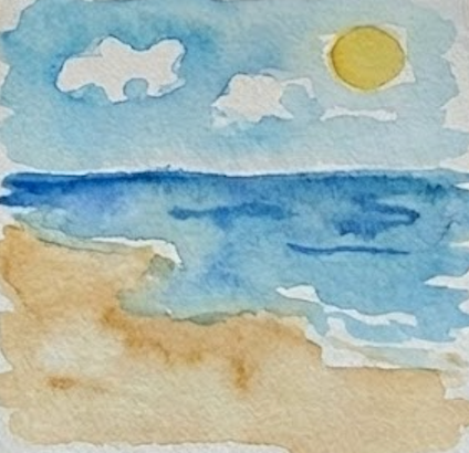 Watercolor painting of a beach scene with blue sky, sun, and sand.