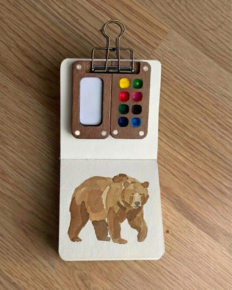 Tobio’s Kits bear watercolor painting, painted in a small watercolor sketchbook with soft washes and simple details.