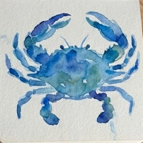 Watercolor painting of a blue crab on a white background