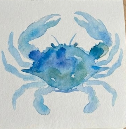Watercolor painting of a blue crab on a white background