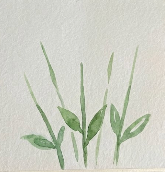Step 1: Painting loose green stems and leaves for a bluebonnet watercolor painting.