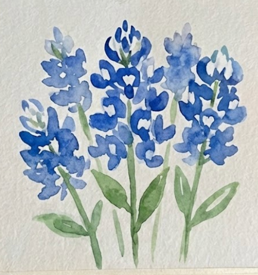 Step 2: Adding light cobalt blue washes to shape the bluebonnet watercolor painting.