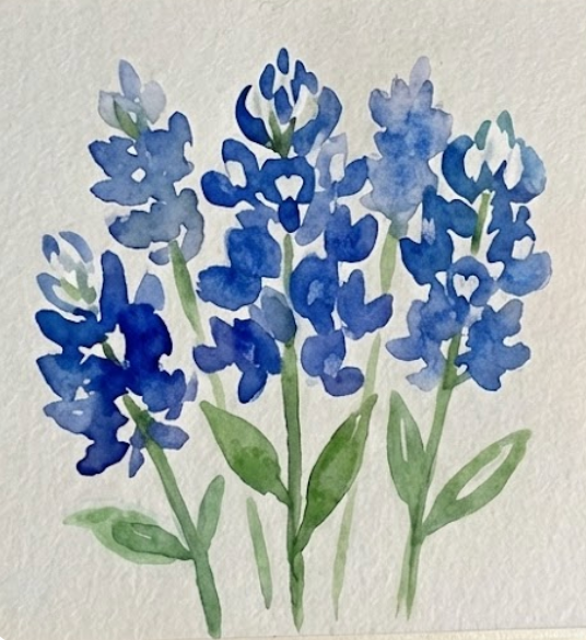 Step 3: Dropping dark ultramarine blue into the damp petals of the watercolor bluebonnet.