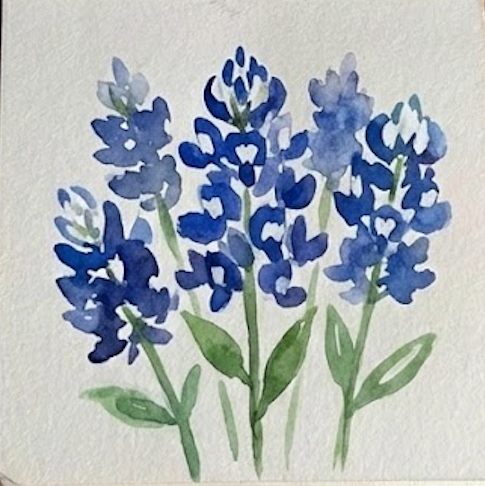Step 4: Final dark contrast details on a finished expressive bluebonnet watercolor painting.
