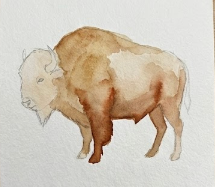 Watercolor painting of a buffalo on a light background