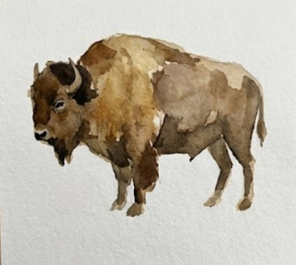 Watercolor painting of a buffalo on a textured white background