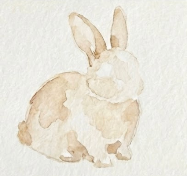 Adding raw umber shadows to the ears and body of an expressive bunny watercolor painting.