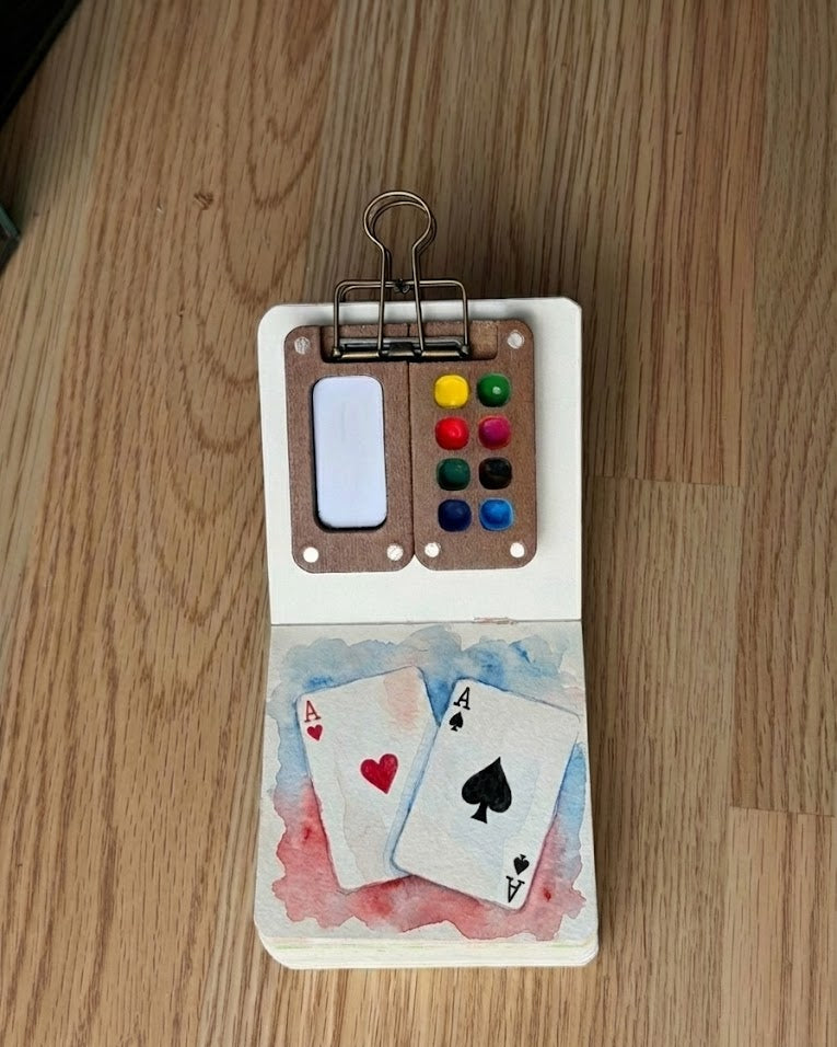 Tobio’s Kits watercolor greeting cards, hand-painted in a small watercolor sketchbook with simple details.