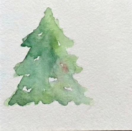 A loose, wet wash of Sap Green paint forming a pine tree shape on watercolor paper, the first step of a christmas watercolor painting.