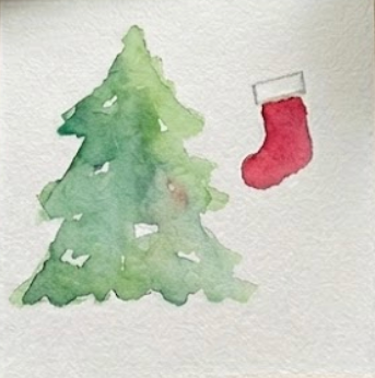 A red Alizarin Crimson stocking shape painted next to the green tree, continuing the easy christmas watercolor painting tutorial.