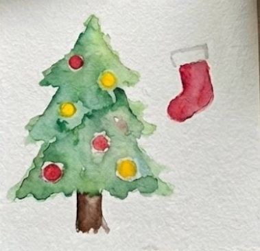 Details added to the christmas watercolor painting, including a brown tree trunk and yellow and red wet-on-wet ornaments.