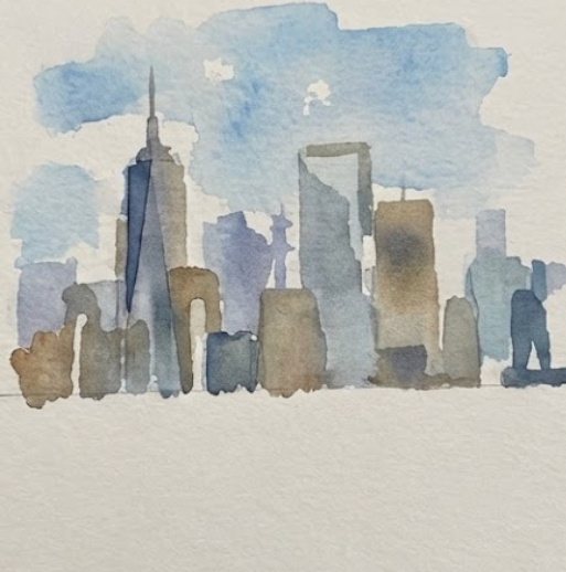 Step 2 of a cityscape watercolor painting with simple building silhouettes blocked in.